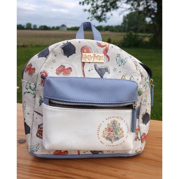 harry potter watercolor icons mini backpack Tattoo Art Cream Color Vegan Leather Featuring Newly Released Whimsical Icon Allover Print, 16 Inches, Adjustable Straps, Cream, Black, Large, Harry Potter Pu 16" Fashion A great Loungefly Harry Potter Chibi Characters
